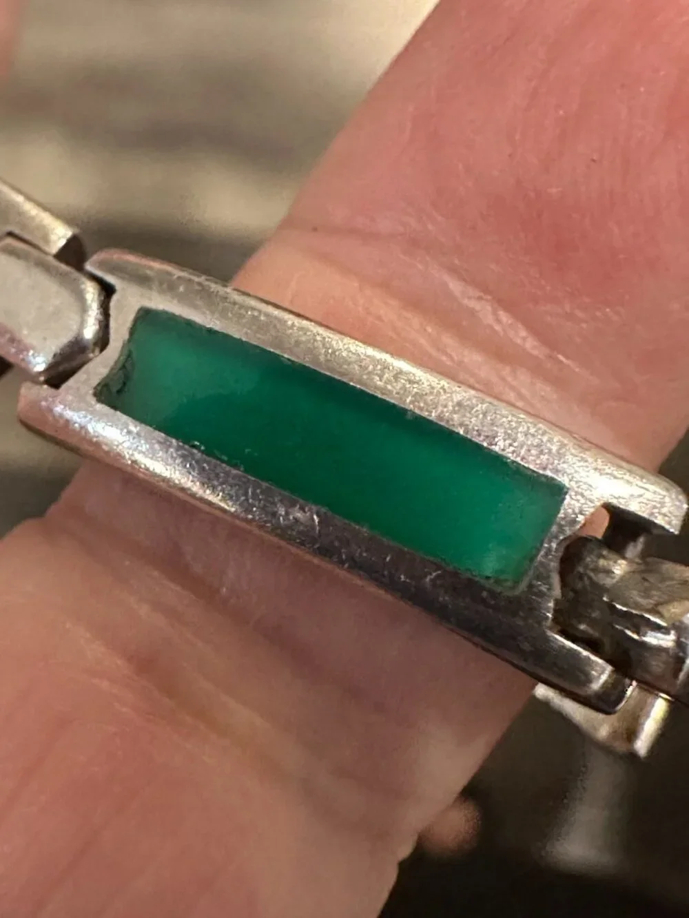 Vintage Sterling Silver 925 Natural Green Chalcedony Inlay 7 Link Heavy Bracelet